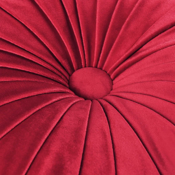 Set of 2 red pleated velvet round throw pillows with button tufted center – 14.5 inch pumpkin-style decorative cushions for sofa, bed, or reading nook