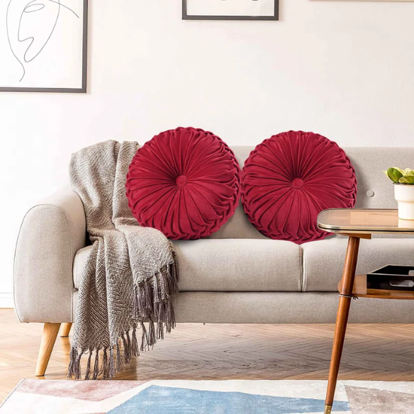 Set of 2 red pleated velvet round throw pillows with button tufted center – 14.5 inch pumpkin-style decorative cushions for sofa, bed, or reading nook
