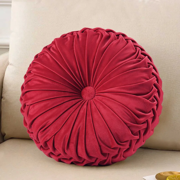 Set of 2 red pleated velvet round throw pillows with button tufted center – 14.5 inch pumpkin-style decorative cushions for sofa, bed, or reading nook