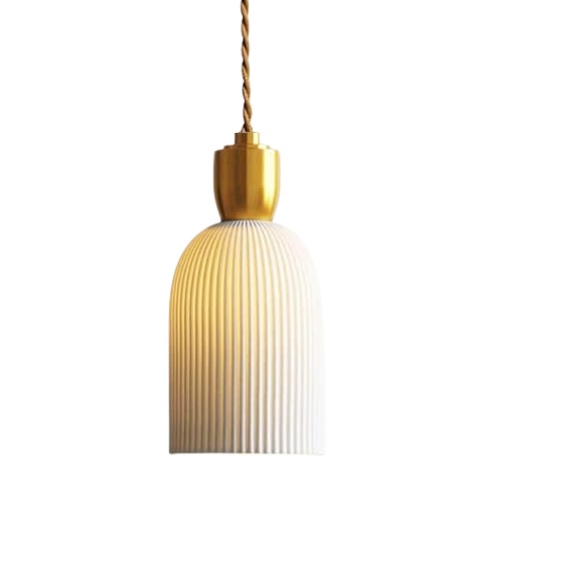 Modern retro pleated ceramic and brass cocoon pendant light, adjustable with E14 base.