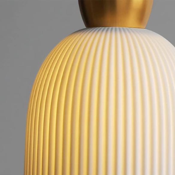 Modern retro pleated ceramic and brass cocoon pendant light, adjustable with E14 base.