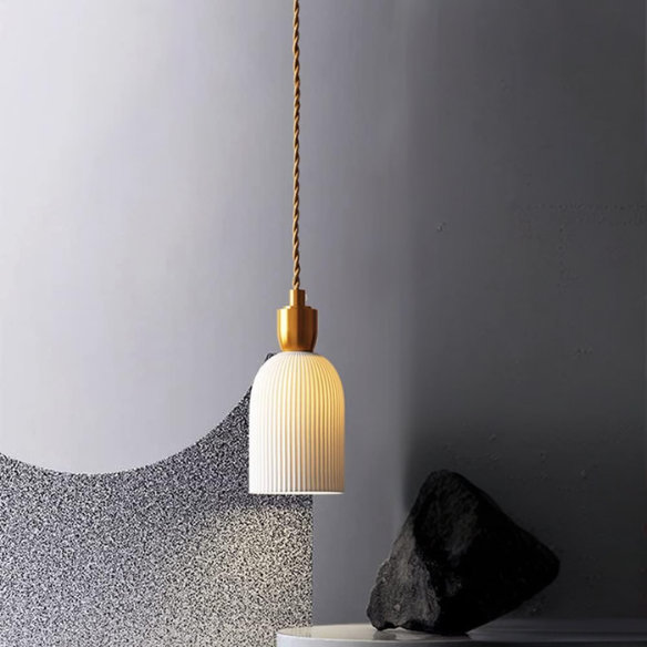 Modern retro pleated ceramic and brass cocoon pendant light, adjustable with E14 base.