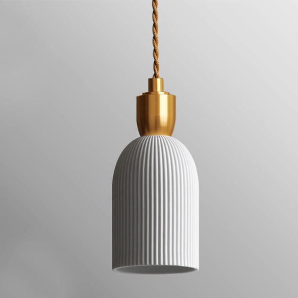 Modern retro pleated ceramic and brass cocoon pendant light, adjustable with E14 base.