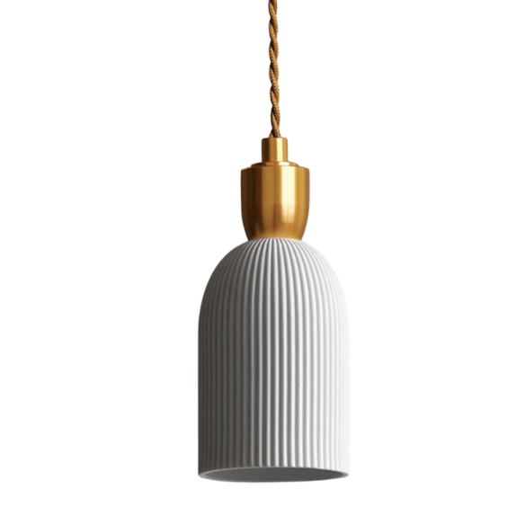 Modern retro pleated ceramic and brass cocoon pendant light, adjustable with E14 base