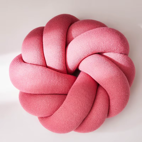 Rosy pink handmade cotton knot throw pillow, round design, 30 cm diameter – soft plush decorative cushion for sofa, bed, chair, or car