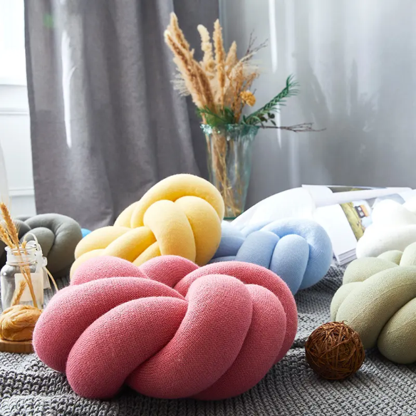 Rosy pink handmade cotton knot throw pillow, round design, 30 cm diameter – soft plush decorative cushion for sofa, bed, chair, or car