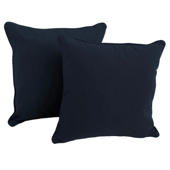 Set of 2 royal blue square throw pillows with corded edges and hidden zipper closure, made of soft cotton-blend twill fabric, perfect for modern and transitional home décor.