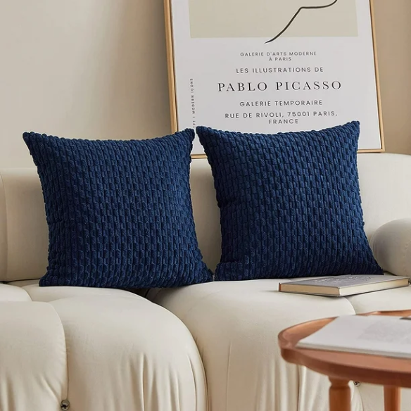Royal blue striped corduroy throw pillow cover with zipper closure, perfect for modern and boho home décor.