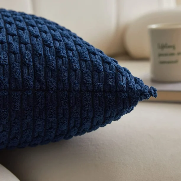 Royal blue striped corduroy throw pillow cover with zipper closure, perfect for modern and boho home décor.