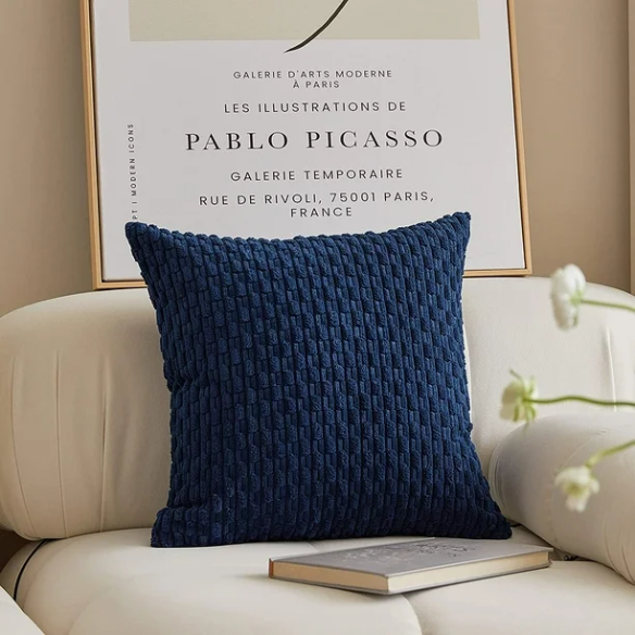 Royal blue striped corduroy throw pillow cover with zipper closure, perfect for modern and boho home décor.