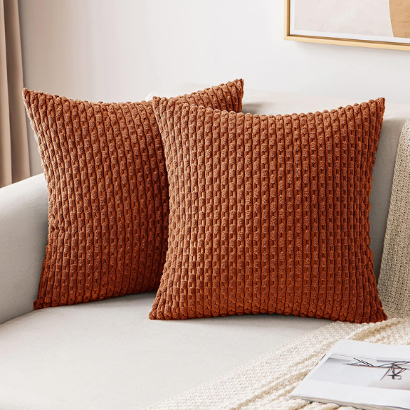 Rust Striped Corduroy Throw Pillow Cover – Modern and Boho Design, Zipper Closure, Durable Polyester Fabric