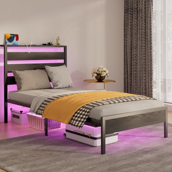 Rustic black twin bed frame with RGB LED lights, built-in USB charging ports, under-bed storage, and powder-coated metal finish.