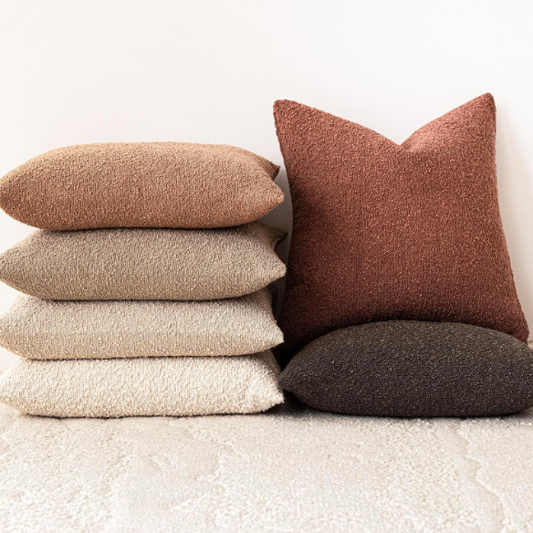 Rustic burnt orange boucle throw pillow cover with soft loop texture, 18x18 inches – cozy modern accent for sofa, bed, or armchair