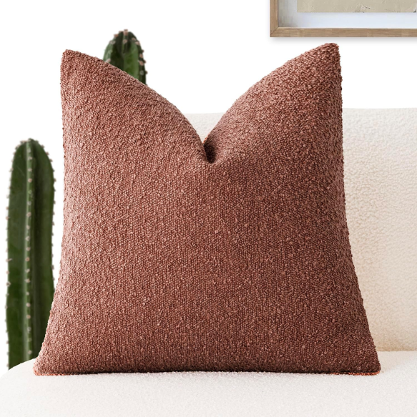 Rustic burnt orange boucle throw pillow cover with soft loop texture, 18x18 inches – cozy modern accent for sofa, bed, or armchair