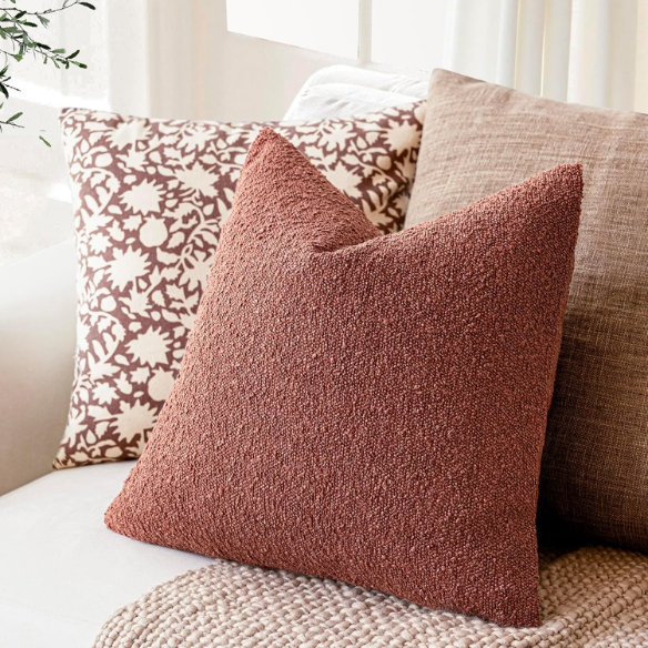 Rustic burnt orange boucle throw pillow cover with soft loop texture, 18x18 inches – cozy modern accent for sofa, bed, or armchair