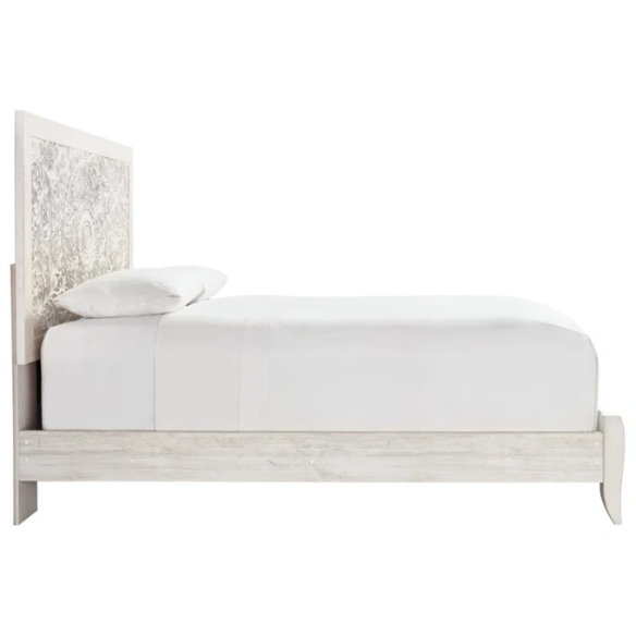 Rustic white king panel bed with intricately carved medallion headboard, decorative laminate finish, and adjustable height frame