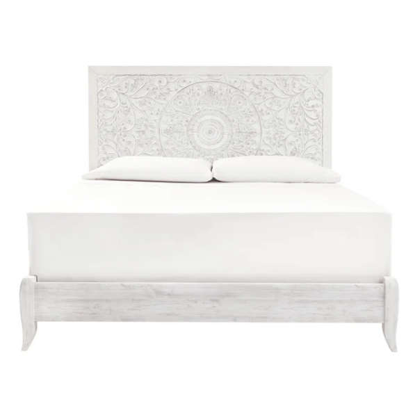 Rustic white king panel bed with intricately carved medallion headboard, decorative laminate finish, and adjustable height frame