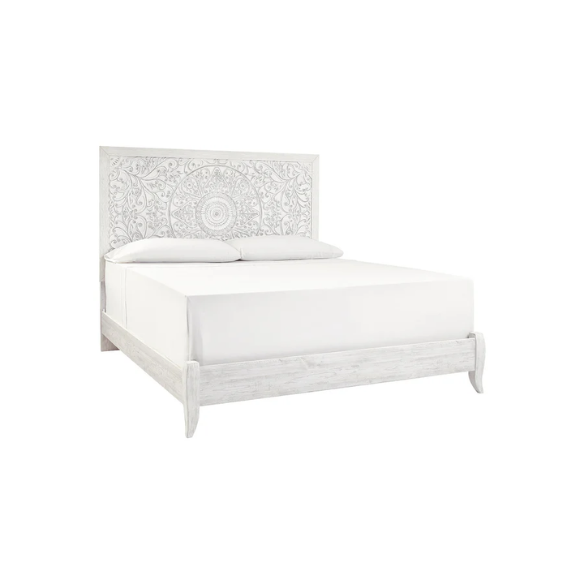 Rustic white king panel bed with intricately carved medallion headboard, decorative laminate finish, and adjustable height frame