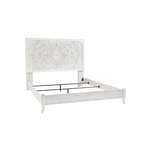 Rustic white king panel bed with intricately carved medallion headboard, decorative laminate finish, and adjustable height frame
