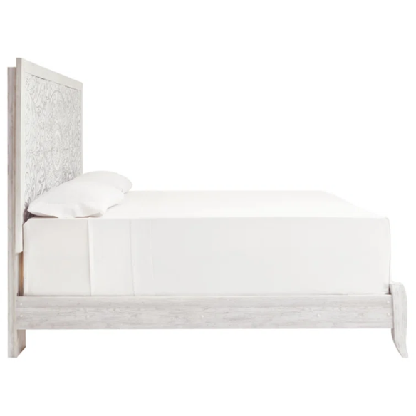 Rustic white king panel bed with intricately carved medallion headboard, decorative laminate finish, and adjustable height frame