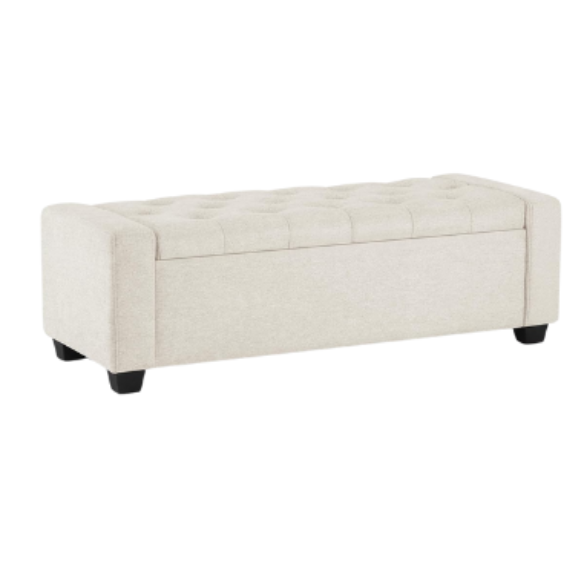 Beige storage bench with dual hinges, button tufting, and diamond stitching, featuring a sturdy engineered wood frame, tapered legs, and 330 lbs weight capacity, perfect for bedroom, living room, or entryway storage and seating.