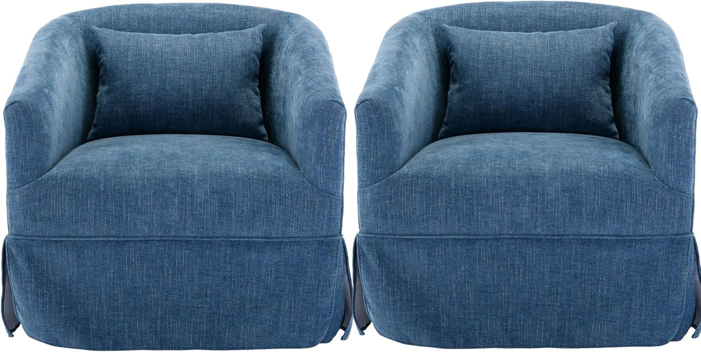 Set of two modern blue accent swivel chairs with sleek metal frames and wood accents. The chairs feature luxurious deep blue linen blend upholstery, a 360-degree swivel base for easy movement, and plush foam and spring cushioning for comfort. Ideal for living rooms, offices, or bedrooms, the chairs offer a blend of contemporary style, durability, and relaxation.