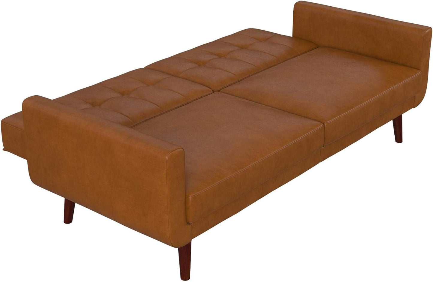 Stylish faux leather futon with ribbed tufted back, oak-colored wooden legs, and multi-position split-back for sitting, lounging, and sleeping. Ideal for small spaces, offering comfort and versatility with a sturdy frame, easy conversion, and extra support for guests.