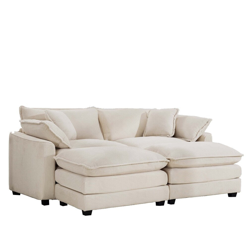 Luxurious cream beige velvet corduroy sofa with deep cushions, foam and pocket spring construction, sleek black plastic legs, offering sophisticated comfort and versatile style for modern living rooms, offices, and apartments.