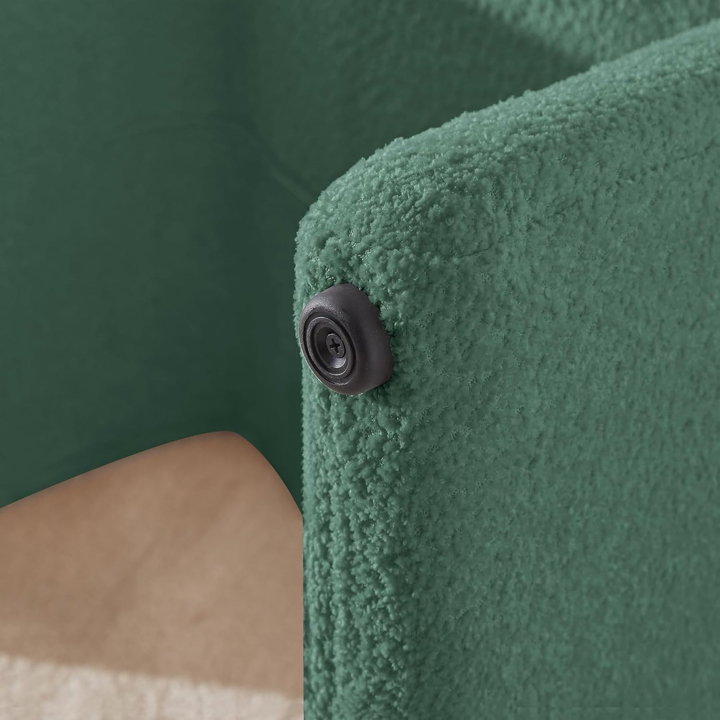 Green bouclé pedal stool with modern semicircular design, engineered wood frame, and soft sherpa fabric, ideal as a footrest or extra seating, perfect for any room.