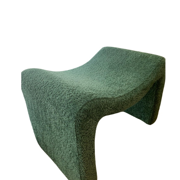 Green bouclé pedal stool with modern semicircular design, engineered wood frame, and soft sherpa fabric, ideal as a footrest or extra seating, perfect for any room.