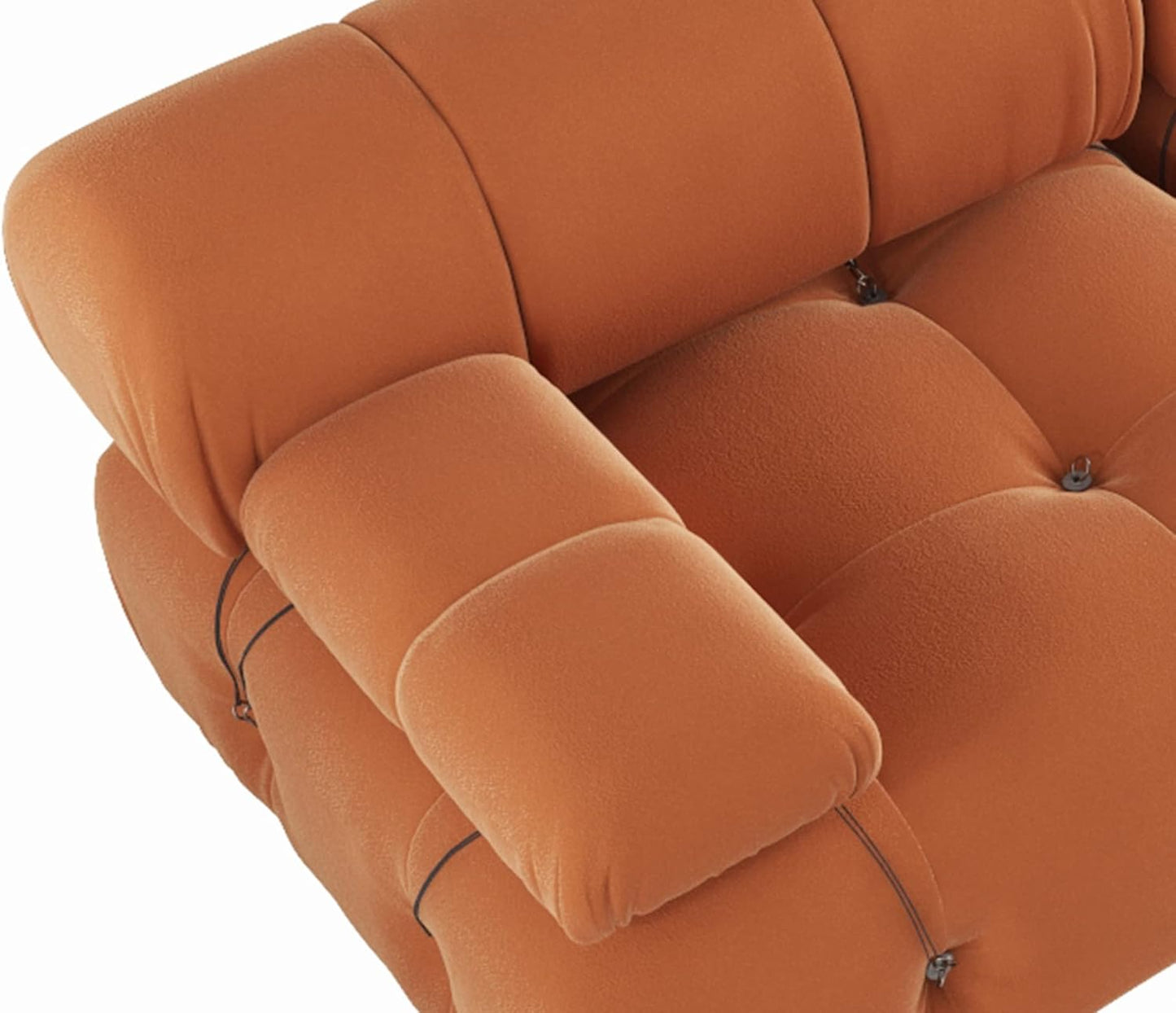 Modern burnt orange velvet sectional sofa with plush upholstery, button tufting, and durable wood frame. Versatile design with individual seat cushions for ultimate comfort, supporting up to 330 lbs per seat. Perfect for living rooms, offering easy assembly and a sleek, contemporary style.