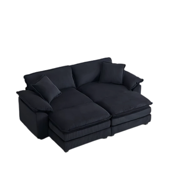 Modern black ribbed velvet corduroy sofa with foam cushioning and pocket spring system, featuring sturdy wood frame, plush back pillows, and sleek black plastic legs for ultimate comfort and style.
