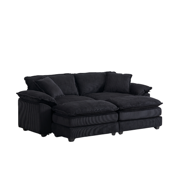 Modern black ribbed velvet corduroy sofa with foam cushioning and pocket spring system, featuring sturdy wood frame, plush back pillows, and sleek black plastic legs for ultimate comfort and style.