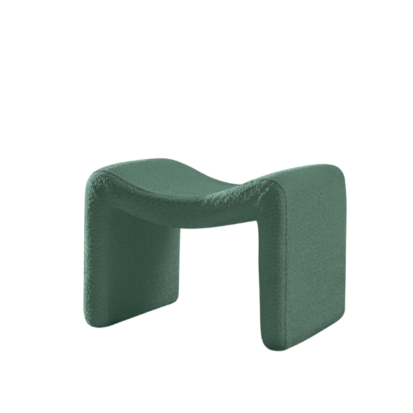 Green bouclé pedal stool with modern semicircular design, engineered wood frame, and soft sherpa fabric, ideal as a footrest or extra seating, perfect for any room.