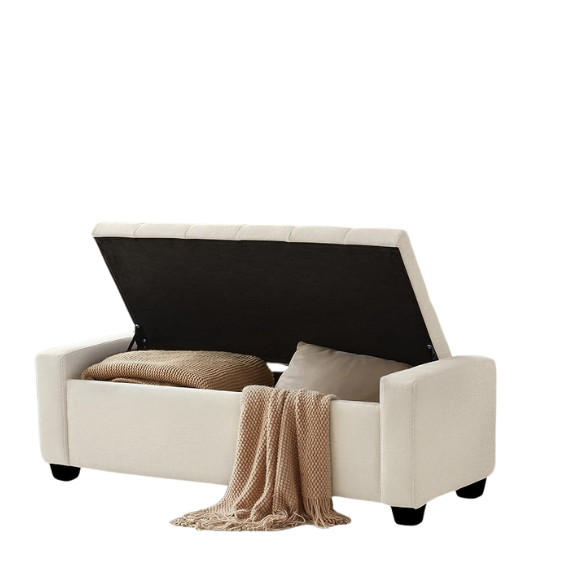 Beige storage bench with dual hinges, button tufting, and diamond stitching, featuring a sturdy engineered wood frame, tapered legs, and 330 lbs weight capacity, perfect for bedroom, living room, or entryway storage and seating.