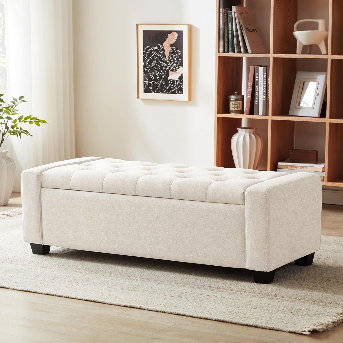 Beige storage bench with dual hinges, button tufting, and diamond stitching, featuring a sturdy engineered wood frame, tapered legs, and 330 lbs weight capacity, perfect for bedroom, living room, or entryway storage and seating.