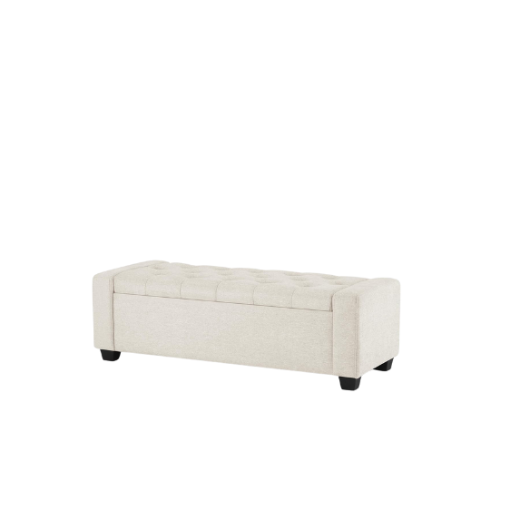Beige storage bench with dual hinges, button tufting, and diamond stitching, featuring a sturdy engineered wood frame, tapered legs, and 330 lbs weight capacity, perfect for bedroom, living room, or entryway storage and seating.