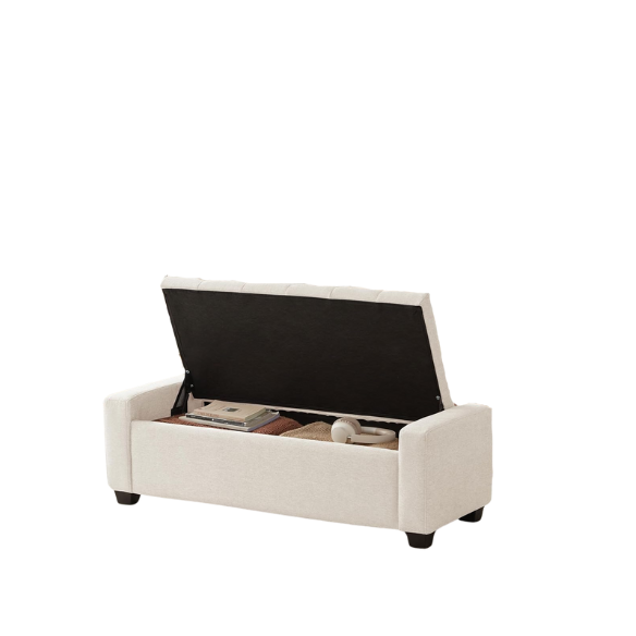 Beige storage bench with dual hinges, button tufting, and diamond stitching, featuring a sturdy engineered wood frame, tapered legs, and 330 lbs weight capacity, perfect for bedroom, living room, or entryway storage and seating.