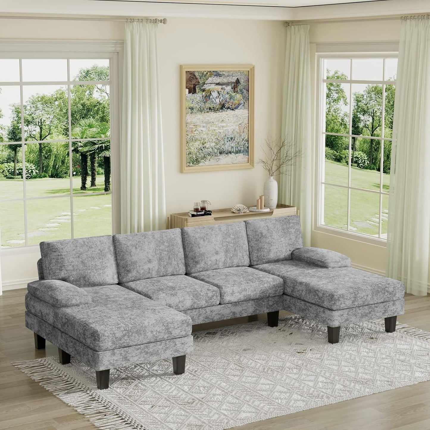 U-shaped sectional sofa with chaise lounges, featuring luxurious grey velvet upholstery, high-density foam, and spring pack for ultimate comfort. Spacious enough to seat 4 people, with removable, machine-washable covers for easy cleaning. Perfect for family rooms or entertaining guests.
