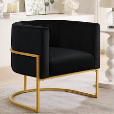 Midnight black modern accent chair with a sleek gold arc-shaped iron base, offering stylish comfort and durability. Perfect for living rooms, bedrooms, offices, and lounges. Sturdy iron frame for long-lasting support and relaxation.