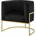 Midnight black modern accent chair with a sleek gold arc-shaped iron base, offering stylish comfort and durability. Perfect for living rooms, bedrooms, offices, and lounges. Sturdy iron frame for long-lasting support and relaxation.