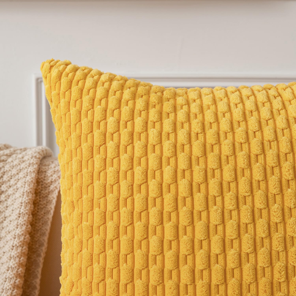 Yellow striped corduroy throw pillow cover with zipper closure, perfect for modern and boho home décor.