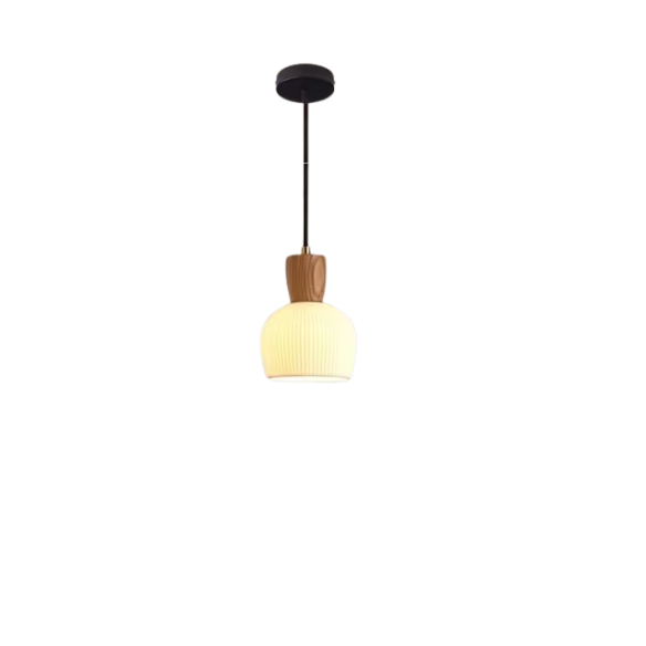 Ash wood pendant light with white ceramic shade for modern kitchen and living room decor.