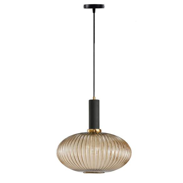 Modern amber pendant light with striped glass shade and black metal body, adjustable height chandelier for dining room, living room, and kitchen.