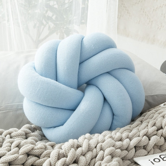 Sky blue handmade cotton knot throw pillow, round design, 30 cm diameter – soft plush accent cushion for sofa, bed, chair, or car