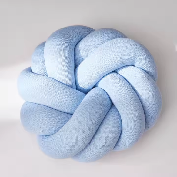 Sky blue handmade cotton knot throw pillow, round design, 30 cm diameter – soft plush accent cushion for sofa, bed, chair, or car