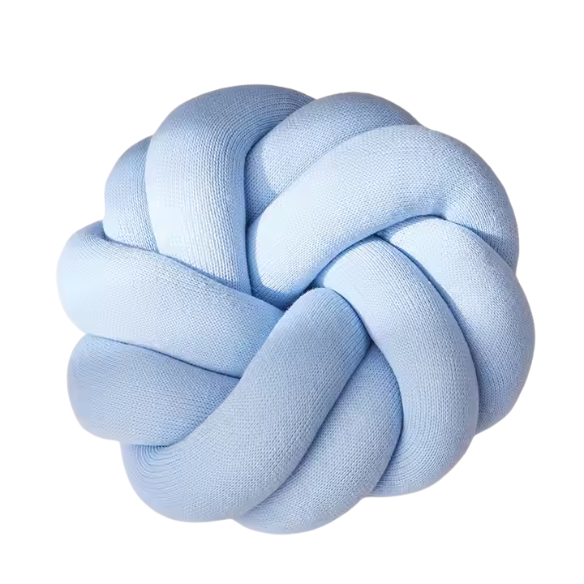 Sky blue handmade cotton knot throw pillow, round design, 30 cm diameter – soft plush accent cushion for sofa, bed, chair, or car