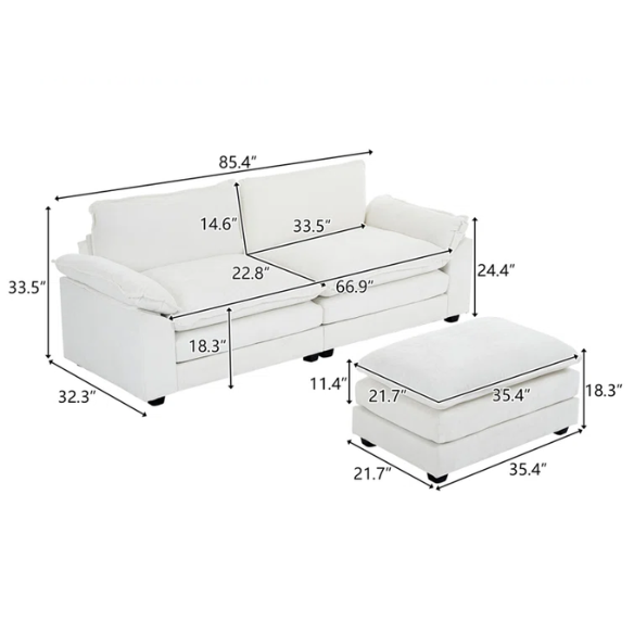 Soft warm cream chenille modular cloud sofa with pillow top arms, deep foam cushions, and matching ottoman