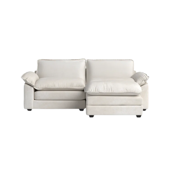 Soft warm cream chenille modular cloud sofa with pillow top arms, deep foam cushions, and matching ottoman