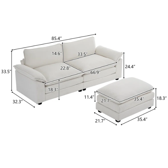 Soft warm cream modular cloud sofa with deep foam cushions, pillow top arms, and a matching free-standing ottoman